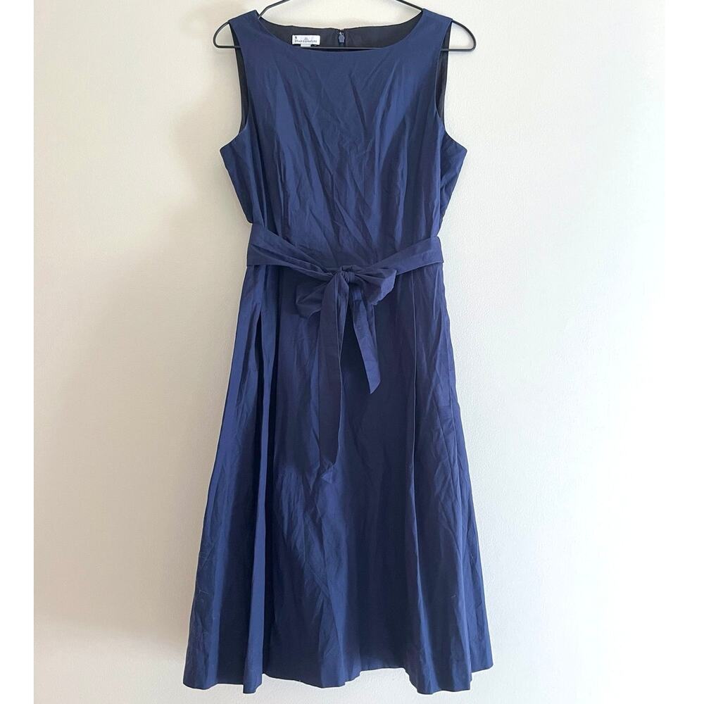 L.L. Bean Signature Cotton Poplin Dress Fit & Flare Navy Pockets Tie Size 8